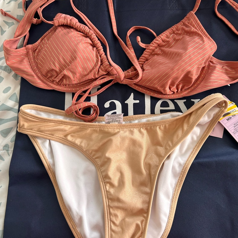wild fable Coral Stripe Bikini Top & Gold Bikini Bottoms